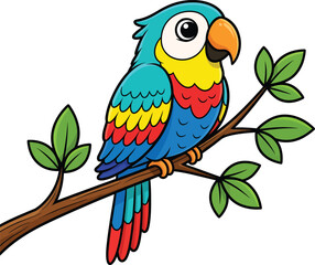 Colorful cartoon macaw parrot with blue red and yellow feathers perched on a leafy tree branch.