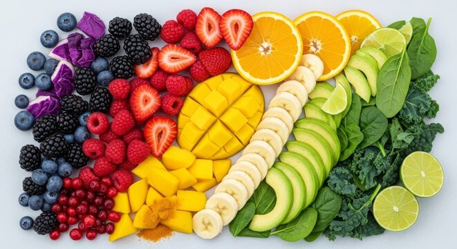 Colorful fresh fruits and vegetables arranged in a rainbow pattern, including berries, mango, avocado, and spinach, for healthy eating.