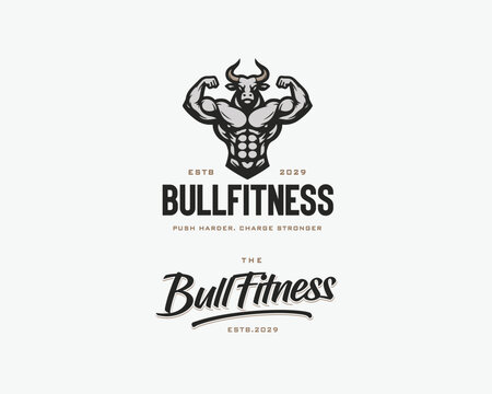 Strong bull flexing muscle logo template for sport and fitness gym brand
