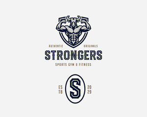 Fototapeta premium Strong bull flexing muscle logo template for sport and fitness gym brand