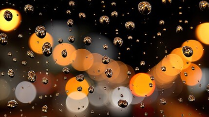 Close-up view of water droplets on window glass against a blurry background of city lights during a rainy night