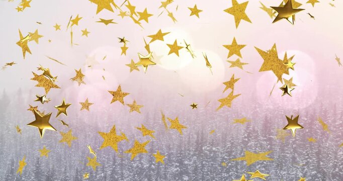 Offscreen gust sending gold stars drifting, rotating and filling winter forest, adding sparkle