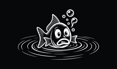 Shocked Cartoon Fish Gasps for Air Engraving Style White Outline on Black Water Ripple Vector