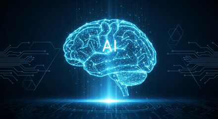 Digital brain wireframe structure glowing blue with ai text, representing intelligence and technology concept.