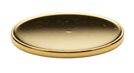 A single golden disc with a metallic sheen and a slightly raised edge against a transparent background, representing a blank medal or coin with reflective properties and subtle surface texture