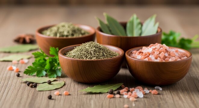 Dried rosemary, bay leaves, and pink himalayan salt in wooden bowls arranged on a rustic kitchen table for seasoning and cooking.