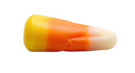 A Single Piece of Candy Corn Candy with Yellow Orange and White Layers on a Transparent Background