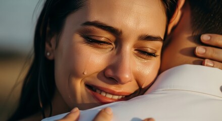 Emotional woman hugging man tightly, smiling with happy tears streaming down her cheek in warm golden hour light.