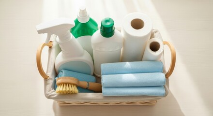 Essential cleaning supplies packed neatly in a woven basket, including spray bottles, microfiber towels, paper roll, and scrub brush.