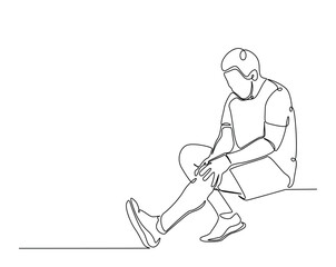 Man struggle with leg injury outline illustration. Continuous line drawing of man hold his knee.
