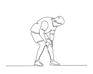 Man struggle with leg injury outline illustration. Continuous line drawing of man hold his knee.
