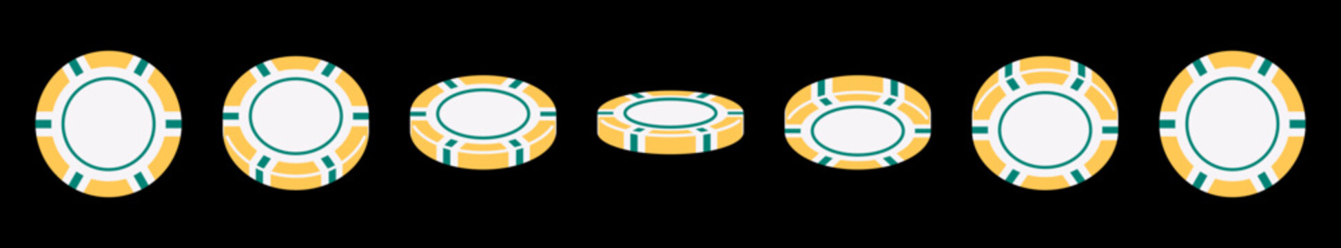 Vector illustration of a spinning poker chip shown from multiple angles. Flat style, perfect for animation, casino, poker, and gambling projects.