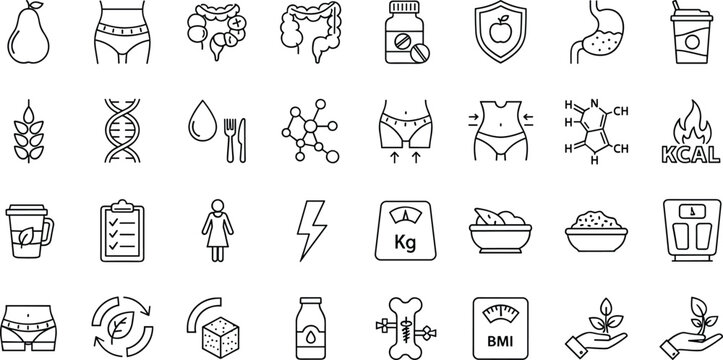 Extensive collection of flat line vector icons in black and white featuring concepts related to healthy eating, weight management, digestion, supplements, and overall body wellness.