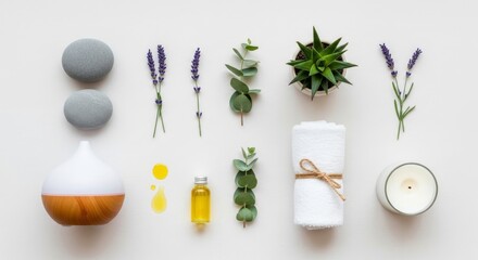 Flat lay spa composition with essential oil diffuser, lavender, eucalyptus, hot stone, and rolled white towel.