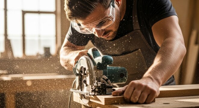 Focused craftsman cutting wood plank with a circular power saw, surrounded by flying sawdust and bright sunlight.