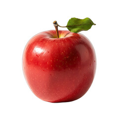 A Single Ripe Red Apple with a Green Leaf and Water Droplets Isolated on a Transparent Background With Soft Studio Lighting