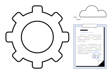 Large gear beside signed document under a cloud, symbolizing workflow automation, digital contracts, online document management, cloud storage, collaboration, e-signatures, and paperless efficiency