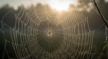 Intricate spiderweb glistening with morning dew in a natural setting.