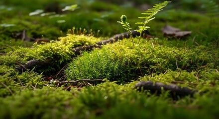 Lush Green Moss and Ferns Covering Forest Floor in Sunlight.