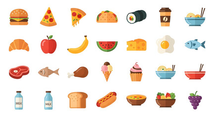 Delicious variety of popular food icons including burgers, pizza, sushi, fruits, and desserts perfect for menus and culinary projects