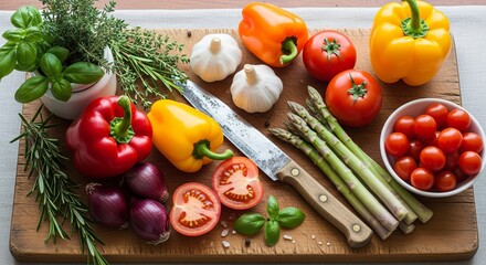 Fresh vegetables and aromatic herbs arranged on a rustic wooden cutting board with a kitchen knife