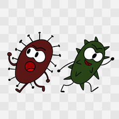 Hand-drawn illustration of cute bacteria running and attacking, designed in a fun and friendly cartoon style. Educational materials, children&rsquo;s biology books, microbiology infographics