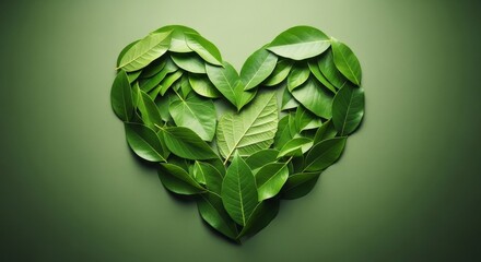 Obraz premium Green leaves arranged carefully into a perfect heart shape on a matching monochromatic background symbolizing nature and love.