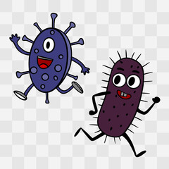 Hand-drawn illustration of cute bacteria running and attacking, designed in a fun and friendly cartoon style. Educational materials, children&rsquo;s biology books, microbiology infographics