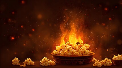 Fiery bowl of popcorn dramatic lighting and bokeh perfect for movie night promotions or snack advertisements