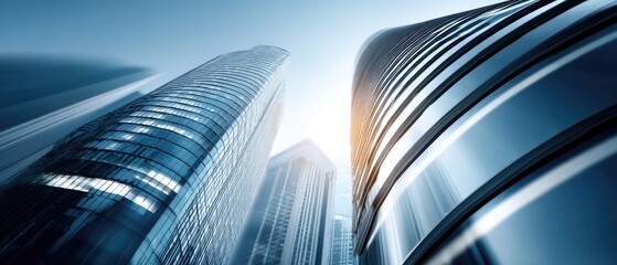 Modern glass curtain wall reflects office tower creating depth in urban architecture with curved design and high-definition details