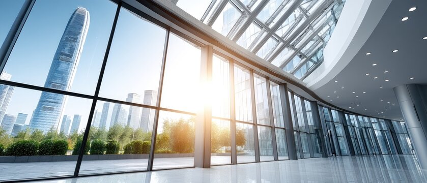 Modern building with curved glass curtain wall reflecting office tower and city skyline in high-definition urban architecture view
