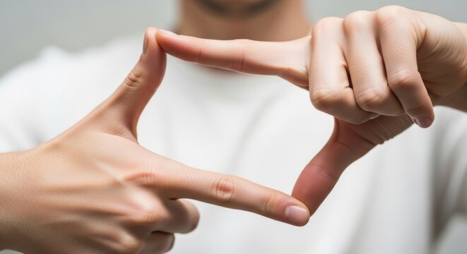 Hands making a rectangular framing gesture to find focus, selection, and creative perspective in a bright studio setting.