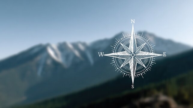 A compass overlay is displayed against a blurred mountain landscape, symbolizing navigation and adventure in the great outdoors.