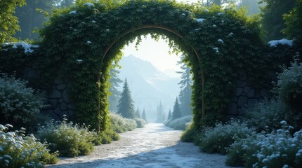Enchanting Garden Archway Path Leading to Misty Mountains.