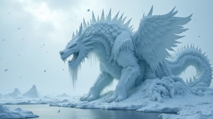 Majestic Ice Dragon Sculpture in Arctic Landscape.