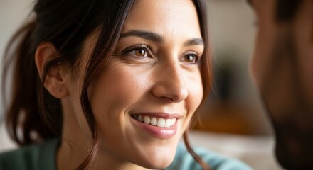 Happy woman with beautiful brown eyes smiling in close-up profile, showing joy and sincere emotional connection with another person.