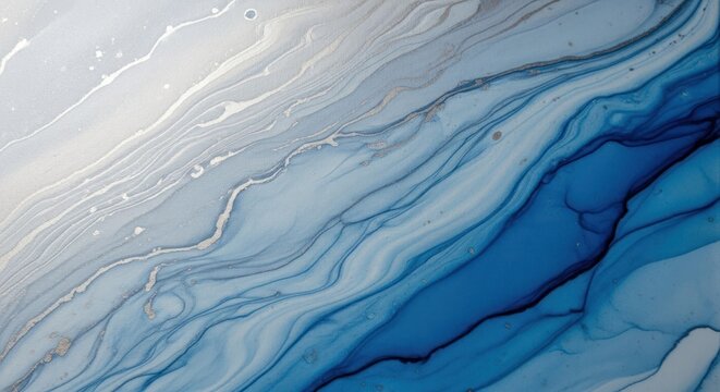 Abstract blue and white fluid art painting with swirling patterns.