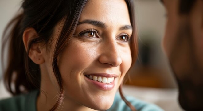 Happy woman with beautiful brown eyes smiling in close-up profile, showing joy and sincere emotional connection with another person.
