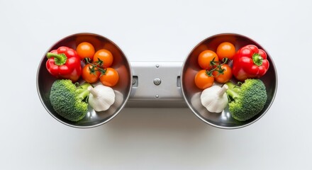 Healthy fresh vegetables are weighed equally on a double balance scale against a clean white background.