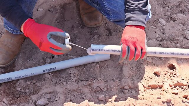 Worker wearing gloves is fitting PVC pipe sections together for an irrigation system on ground.