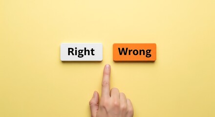 Confidently choosing the right path, a finger points to 'Right' over 'Wrong' in a clear decision-making moment.