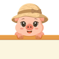 Cute smiling pig wearing a straw hat with a bow, peeking over a blank sign, perfect for farm, summer, or kids themed designs.