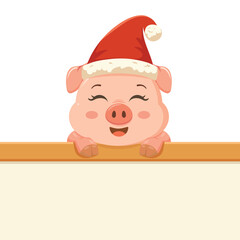 Cute smiling pig wearing a Santa hat, peeking over a blank sign, bringing festive cheer to holiday designs and Christmas themes.