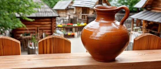 Wooden fence adorned with ancient clay jug in a summer green forest of an old Slavic village farm
