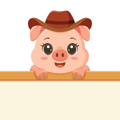 Cute smiling pig in a cowboy hat peeking over a blank sign, bringing a fun western vibe to playful farm or kids designs.