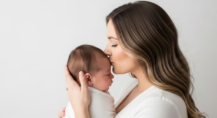 Loving mother holds and gently kisses her newborn baby wrapped in white on a bright studio background.