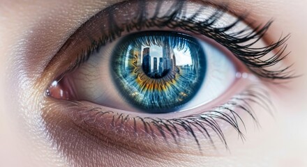 Obraz premium Macro close up of a human eye with a detailed blue iris reflecting a modern city skyline and skyscrapers.
