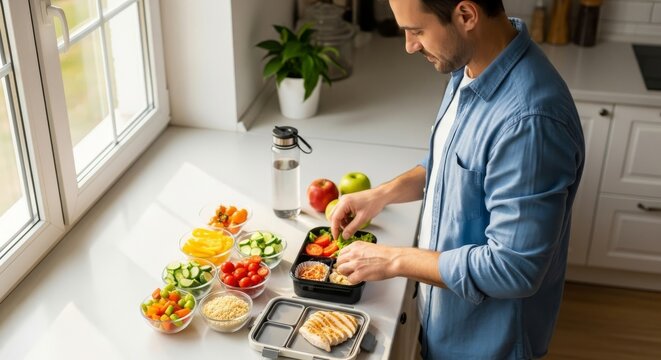 Man preparing a healthy meal prep lunch box, adding vegetables and chicken to the container on a white kitchen counter.