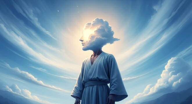 Man with a cloud-shaped profile head standing in a spiritual robe against a serene blue sky and bright sunlight.