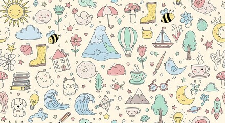 Whimsical Doodle Pattern with Nature and Everyday Objects.